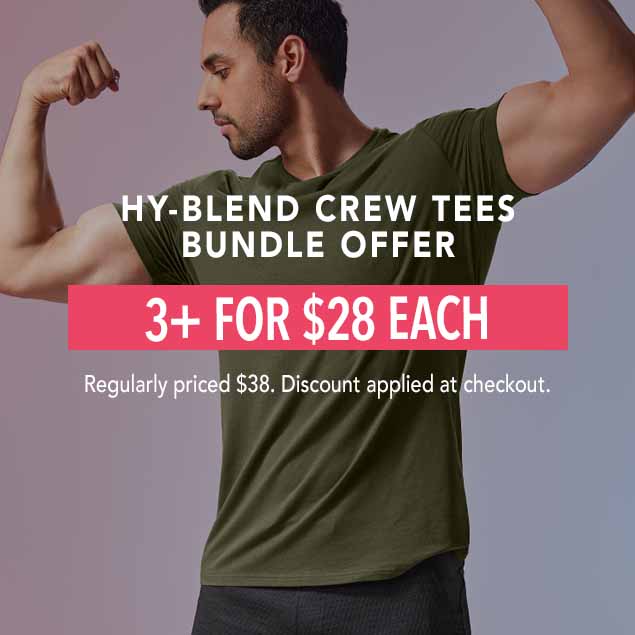 Man with short dark hair and a muscular build wearing an olive green HY-Blend Crew Tee, flexing his bicep. Text overlaid on the image reads: "HY-BLEND CREW TEES BUNDLE OFFER. 3+ FOR $28 EACH. Regularly priced $38. Discount applied at checkout."